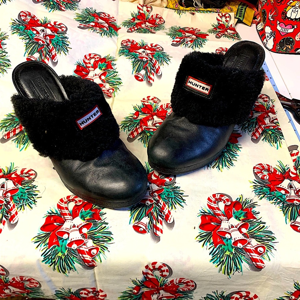 Hunter platform leather & shearling mules